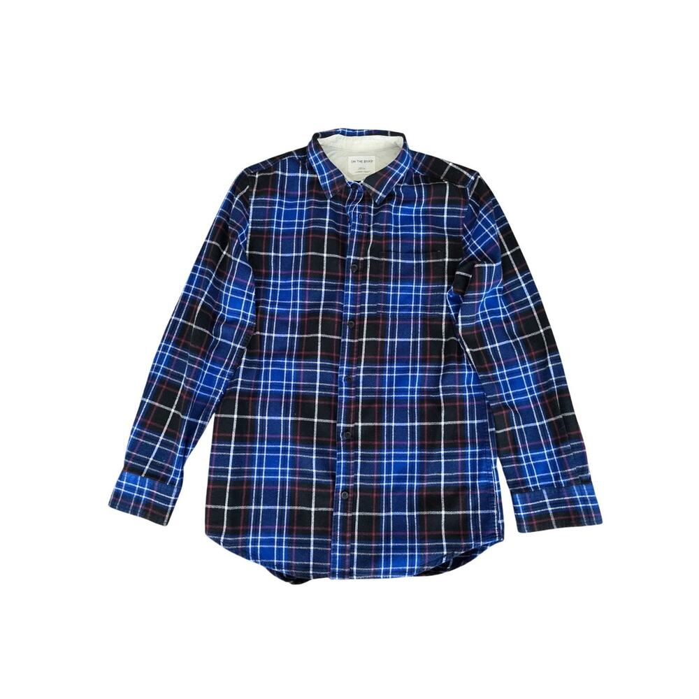On The Byas Longer Length Flannel Button Down Long Sleeve Shirt Blue Size M